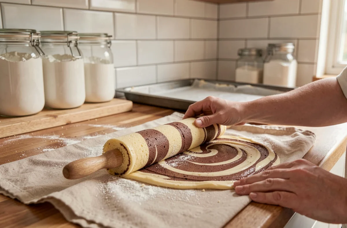 Mains roulant une génoise marbrée chocolat vanille sur un torchon humide saupoudré de sucre glace dans une cuisine maison