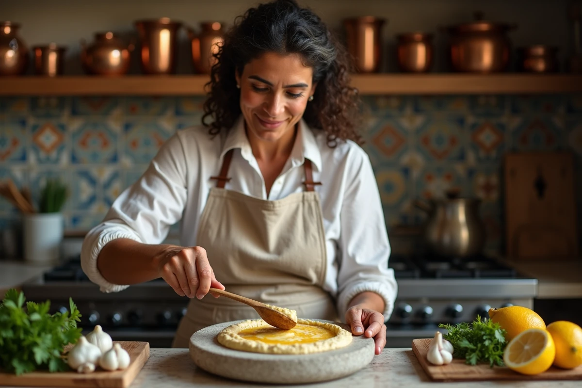 Femme égyptienne préparant du houmous maison sur un plateau en pierre dans une cuisine traditionnelle aux carreaux de mosaïque