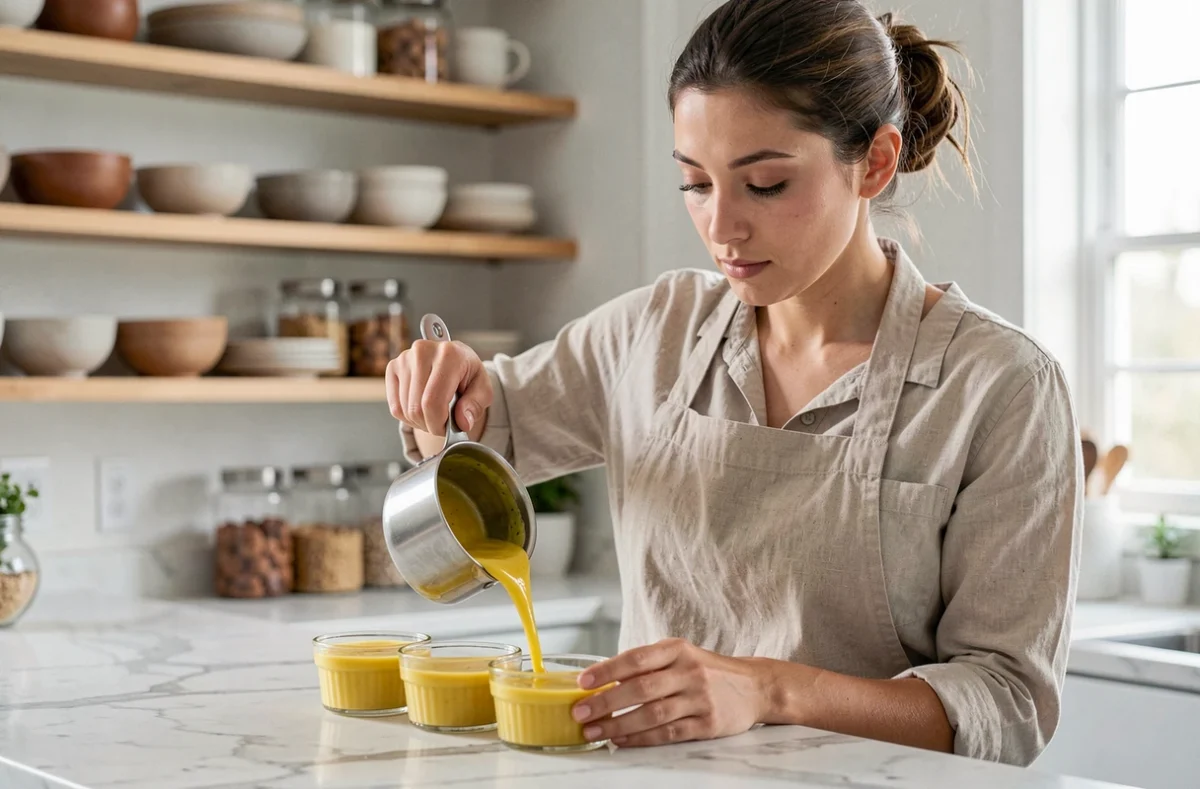 Femme préparant un lemon curd sans lactose dans une cuisine moderne avec des ramequins en verre sur un plan en marbre