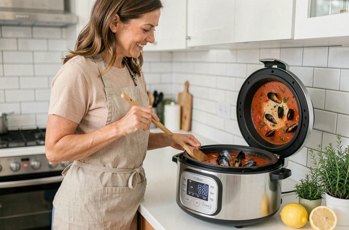 Femme en tablier de lin préparant des moules sans vin blanc dans un Cookeo dans une cuisine moderne avec tomates et herbes aromatiques
