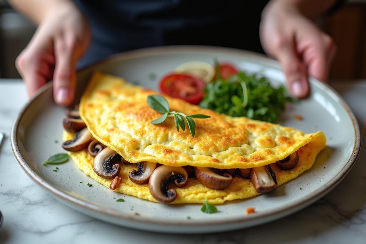 Chef dressant une omelette aux girolles dans une cuisine lumineuse