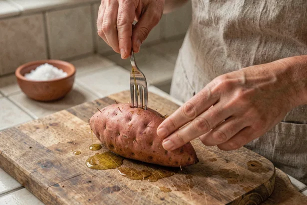 Préparation d'une patate douce avant cuisson au four : piquer la peau avec une fourchette et badigeonner d'huile d'olive