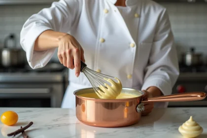 Cheffe pâtissière préparant une pâte pâtissière crémeuse dans une casserole en cuivre sur un plan de travail en marbre dans une pâtisserie française traditionnelle