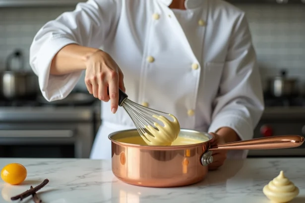 Cheffe pâtissière préparant une pâte pâtissière crémeuse dans une casserole en cuivre sur un plan de travail en marbre dans une pâtisserie française traditionnelle