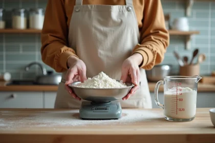 Femme mesurant de la farine dans une cuisine moderne