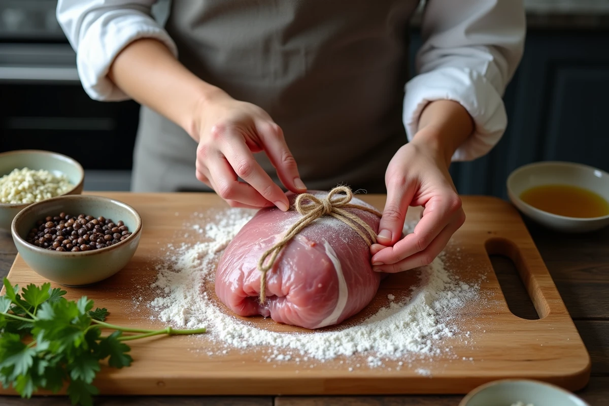 Préparation de paupiettes de porc crues ficelées sur planche en bois avec ingrédients de farce