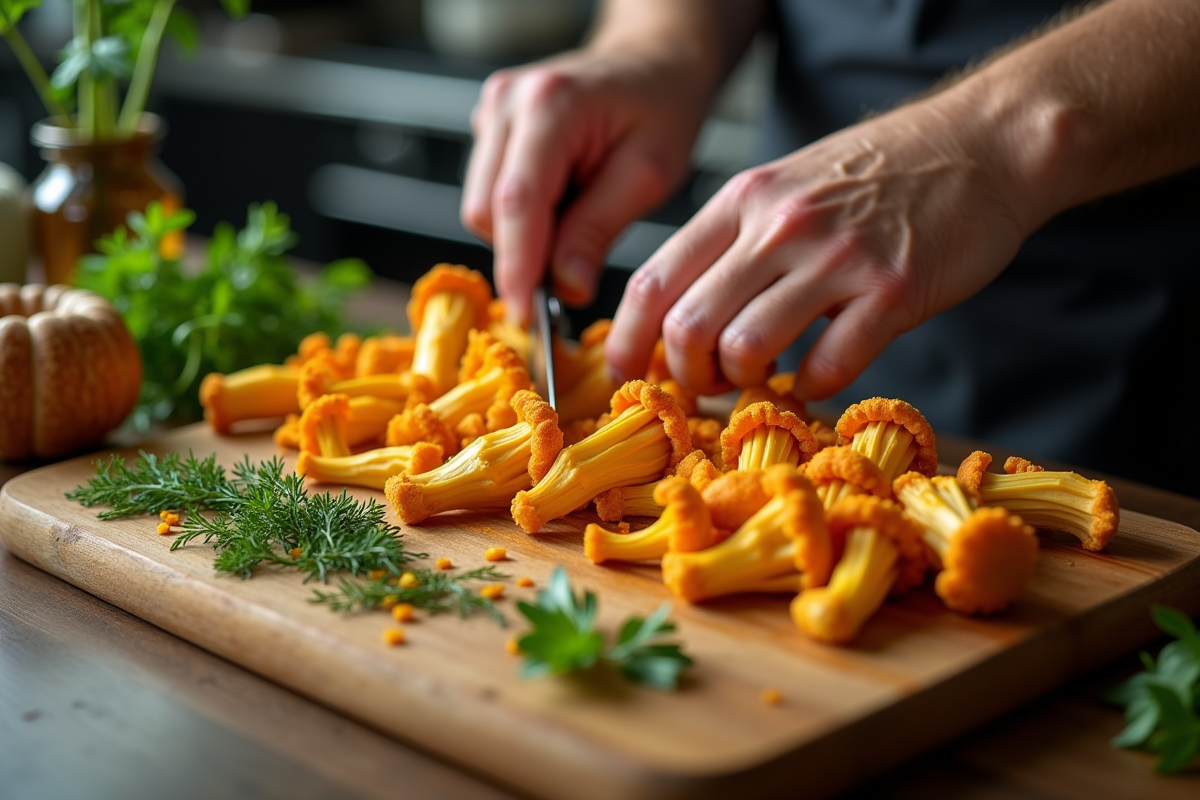 Préparation d un plat de chanterelles en cuisine moderne