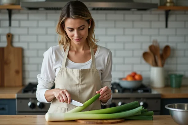 Femme préparant des poireaux frais sur un plan de travail en cuisine, coupe des feuilles vertes avec un couteau de chef