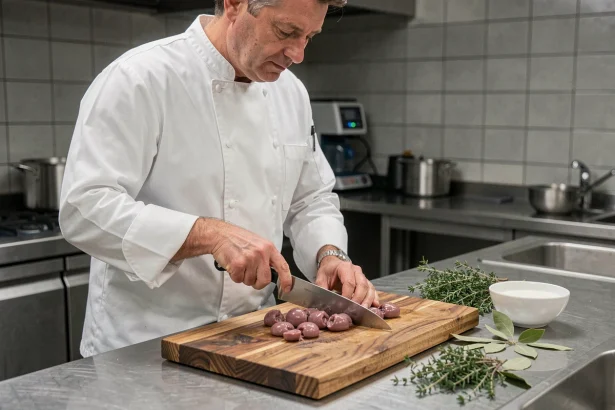 Chef professionnel préparant des rognons de veau frais sur une planche en bois dans une cuisine de restaurant moderne