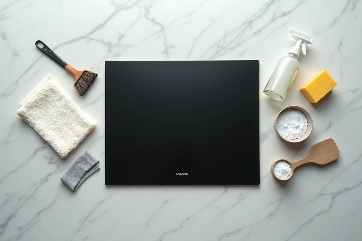 Vue de dessus d'une plaque vitrocéramique entourée de produits naturels et d'outils doux pour un nettoyage sans rayures