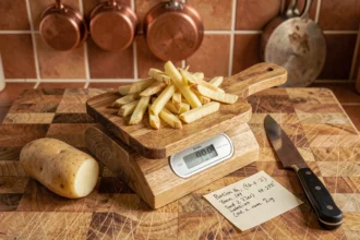 Balance de cuisine en bois avec une portion de frites crues mesurée sur un plan de travail rustique pour calculer la quantité de frites par personne