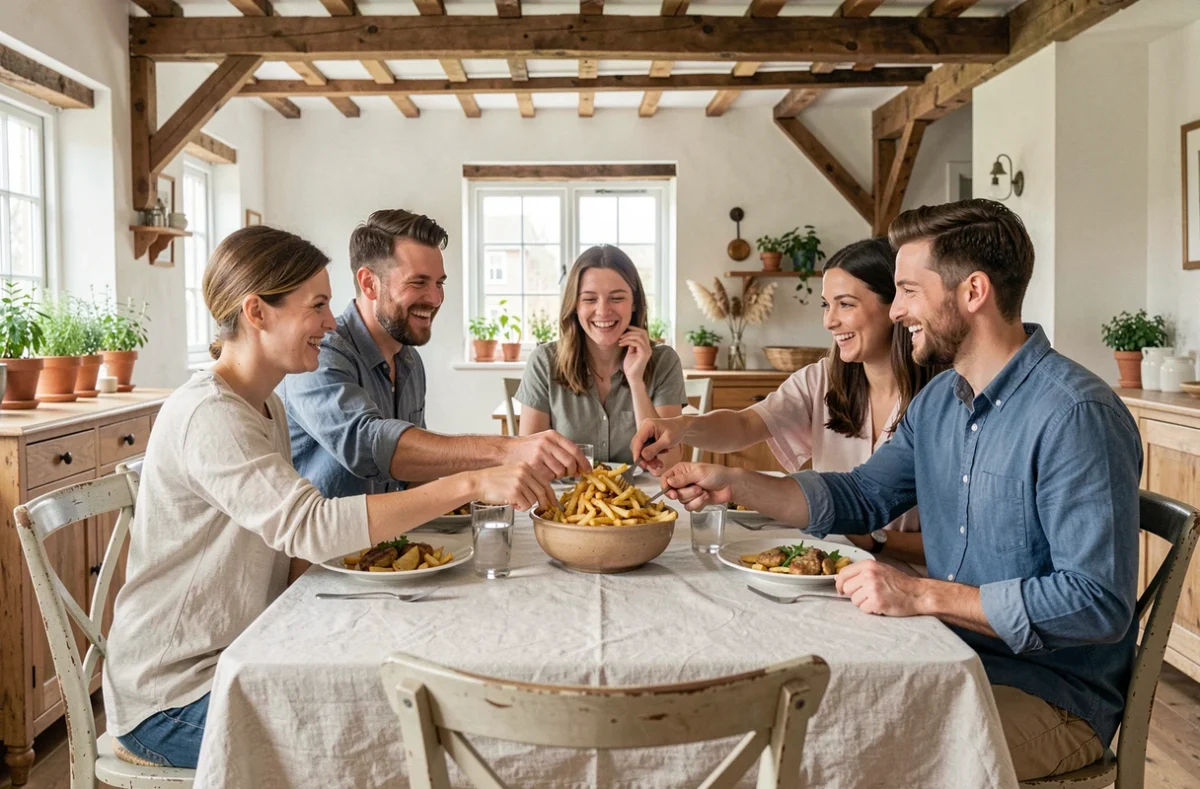 Famille attablée partageant un grand bol de frites maison lors d'un repas convivial, illustrant les bonnes quantités de frites à prévoir par personne