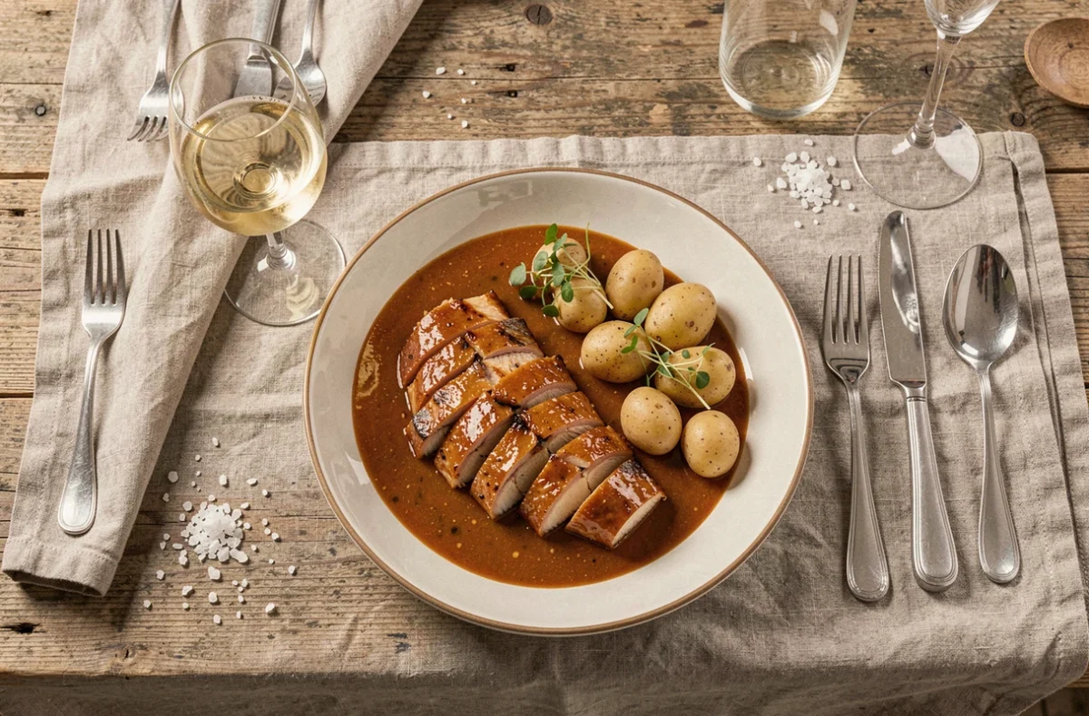 Table dressée avec une queue de lotte en sauce homardine dans un bol en porcelaine, ambiance dîner gastronomique à la maison style côtier français