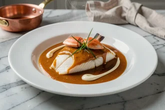 Queue de lotte nappée d'une sauce homardine dorée et crémeuse, dressée élégamment sur une assiette blanche en restaurant gastronomique