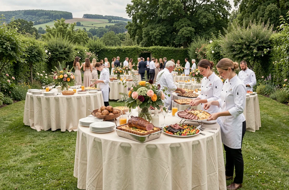 Réception de mariage en plein air organisée par Les Réceptions Bertacchi avec tables en lin ivoire et buffet de viandes rôties dans un jardin de Moselle