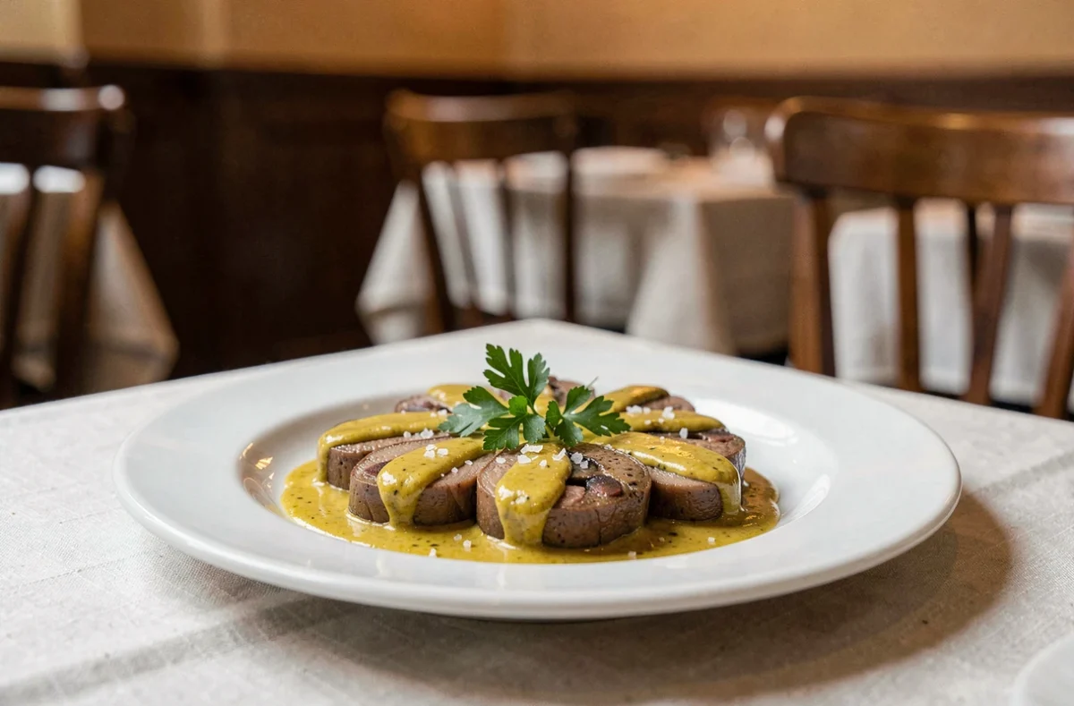 Assiette de rognons de veau à la moutarde et crème présentée dans un plat blanc élégant dans un bistro français