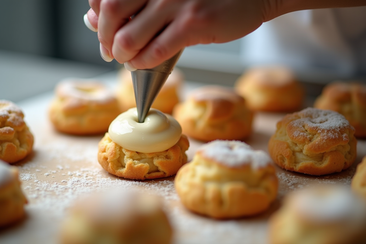 Mains d’un pâtissier remplissant des choux dégonflés