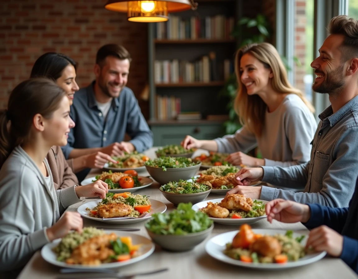 Famille réunie autour d'un repas équilibré et varié, illustrant une alimentation saine adaptée à tous les âges
