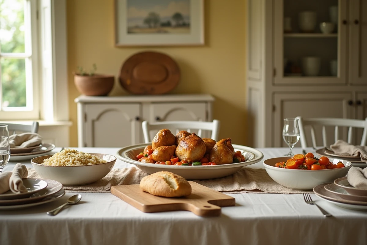 Repas dominical en famille avec poulet rôti, ratatouille, riz et baguette sur une grande table dans une salle à manger provençale