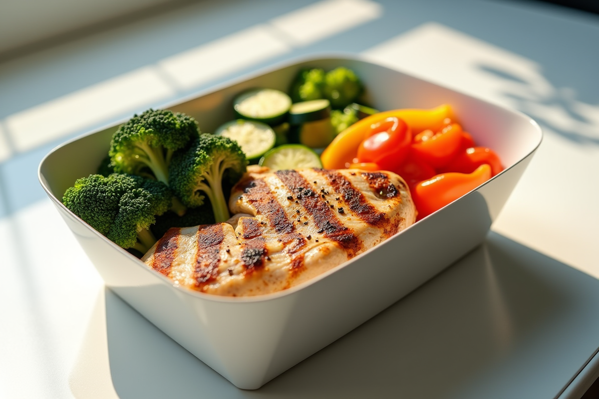 Repas sain dans une boîte avec poulet et légumes