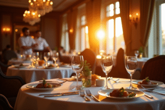 Salle de restaurant étoilé élégante à l'heure dorée avec tables ornées