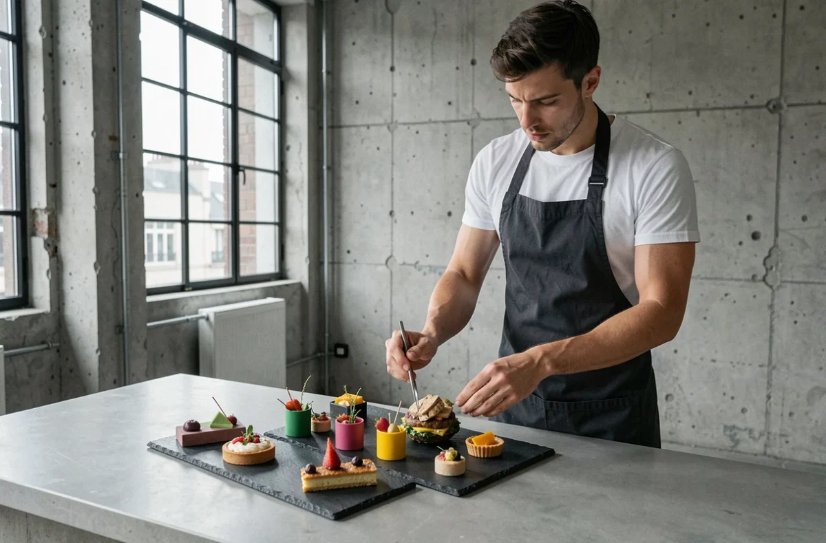 Chef contemporain de Rousseau Event dressant un buffet créatif dans un loft parisien industriel