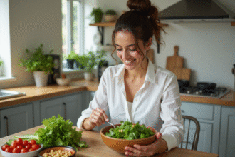 Femme souriante préparant une salade fraîche dans la cuisine