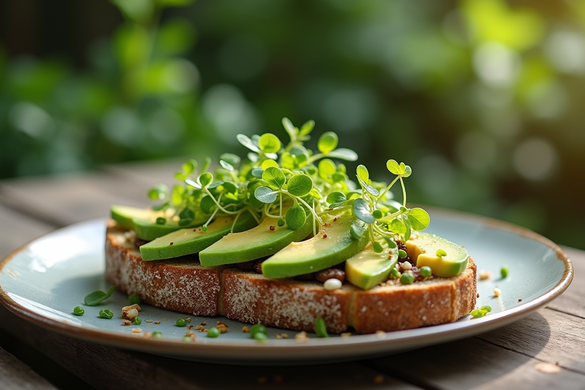 Sandwich keto à l avocat et microgreens sur table extérieure