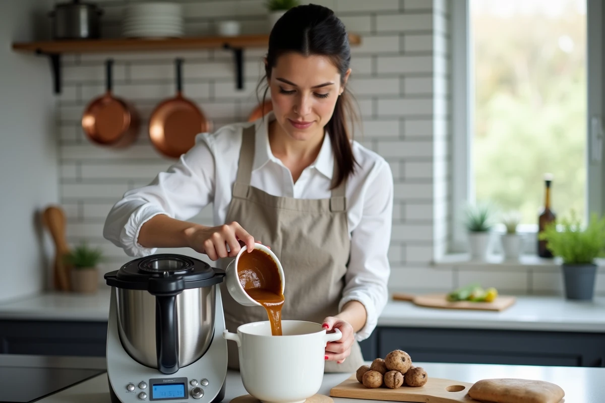 Femme versant une sauce de cèpes préparée au thermomix dans une casserole