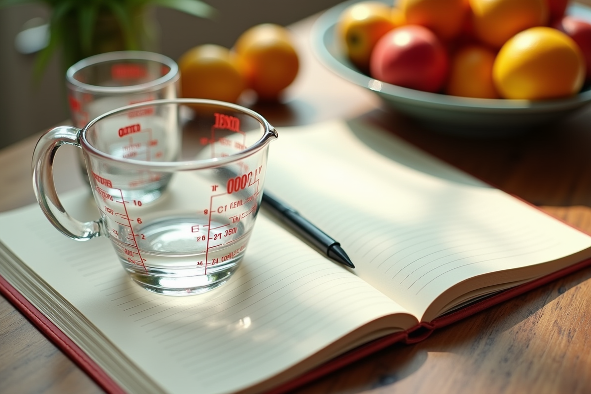 Scène de cuisine avec carnet de recettes et verres avec liquide