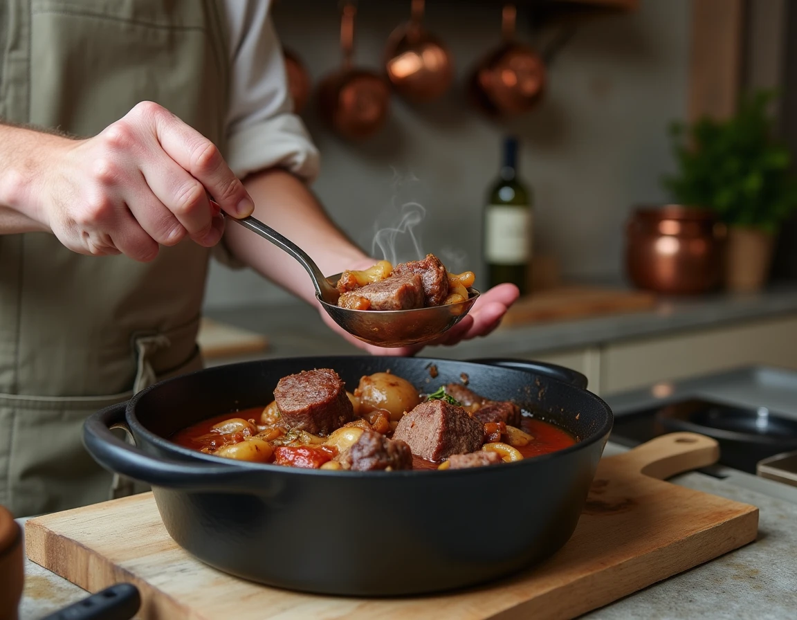 Cuisinier servant des couilles de mouton en cocotte avec lardons et oignons dans un bol en grès dans une cuisine rustique française