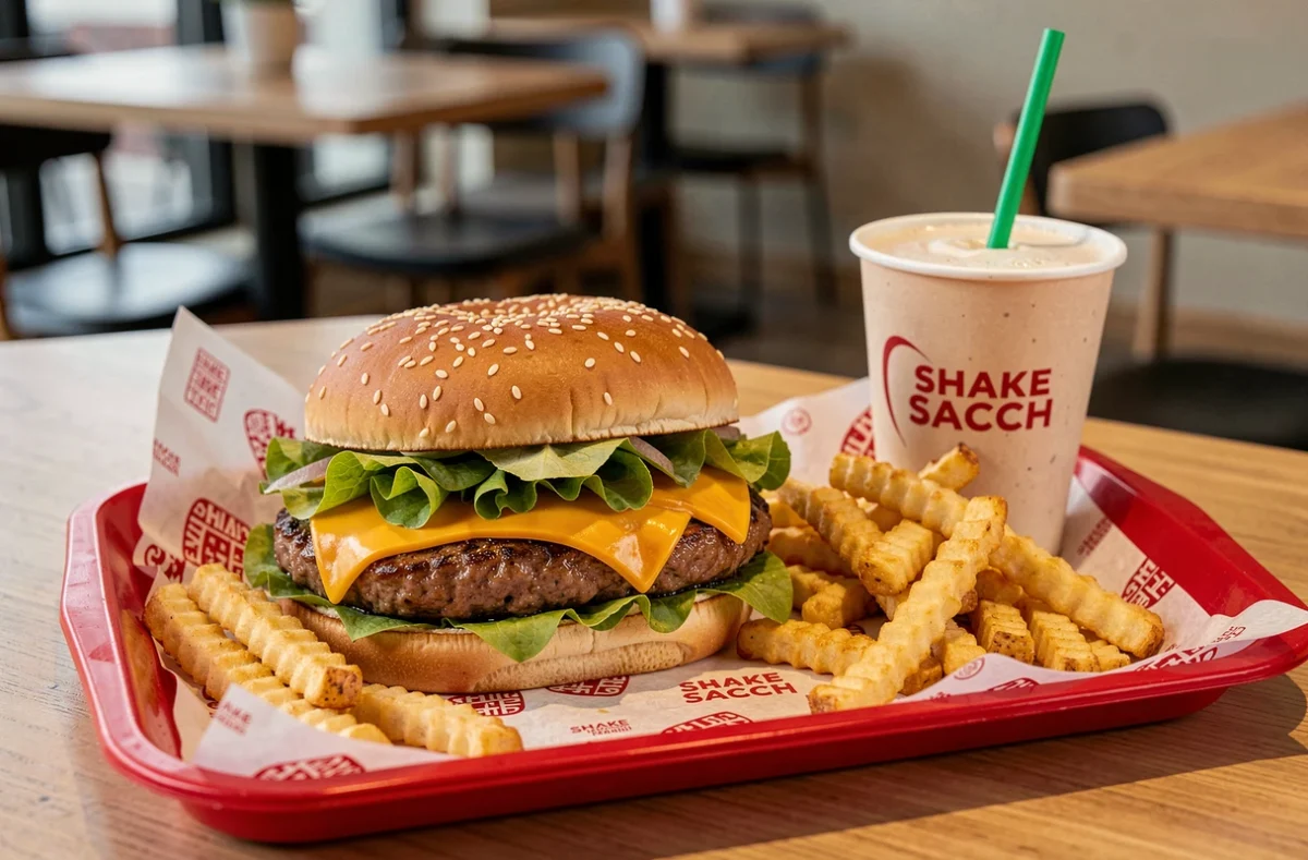 ShackBurger et frites crinkle-cut de Shake Shack dans un plateau de restaurant avec milkshake, vue en plongée sur table en bois