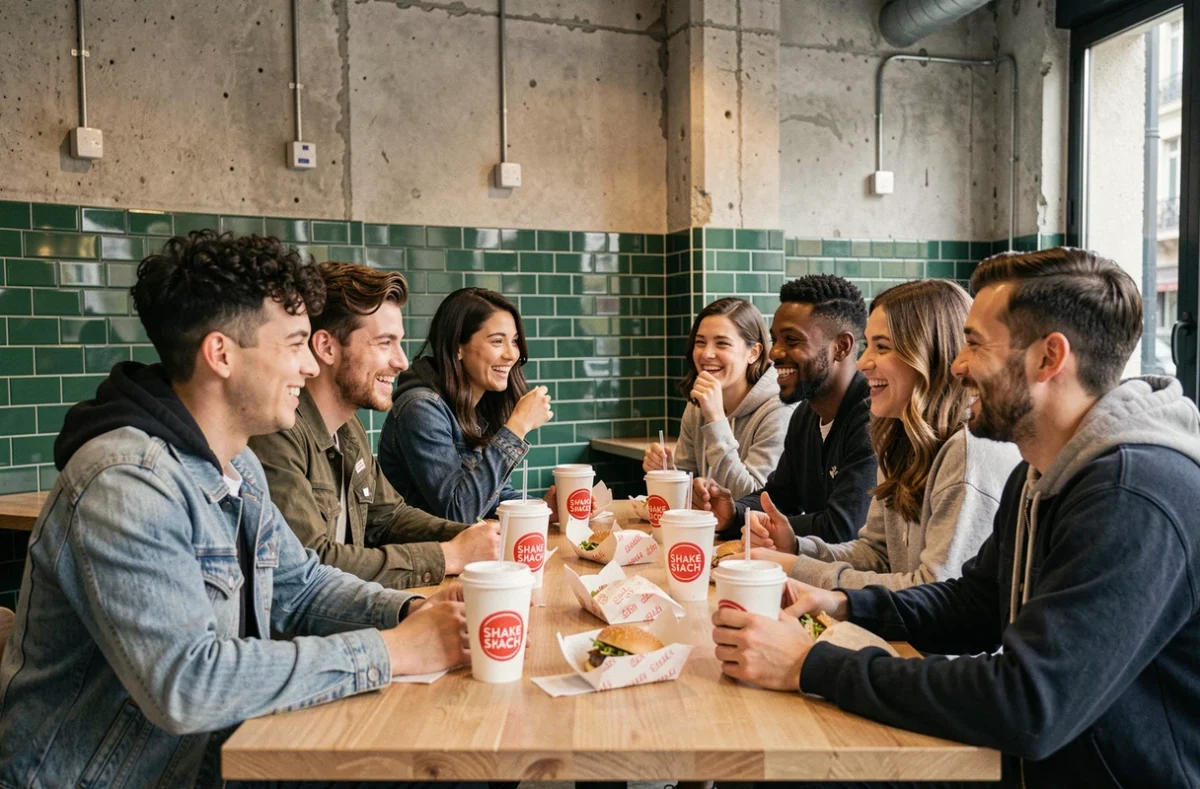 Groupe de jeunes adultes dégustant leur repas Shake Shack dans un restaurant parisien au décor industriel moderne avec carreaux verts