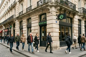 Devanture d'un restaurant Shake Shack dans une rue parisienne avec façade haussmannienne et enseigne verte emblématique