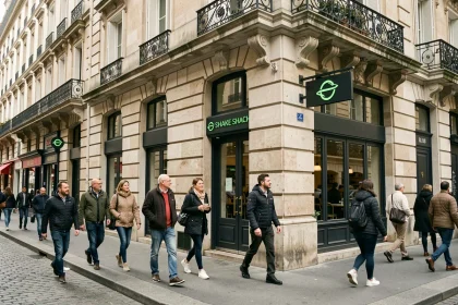Devanture d'un restaurant Shake Shack dans une rue parisienne avec façade haussmannienne et enseigne verte emblématique