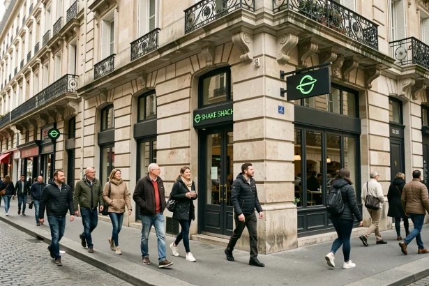 Devanture d'un restaurant Shake Shack dans une rue parisienne avec façade haussmannienne et enseigne verte emblématique