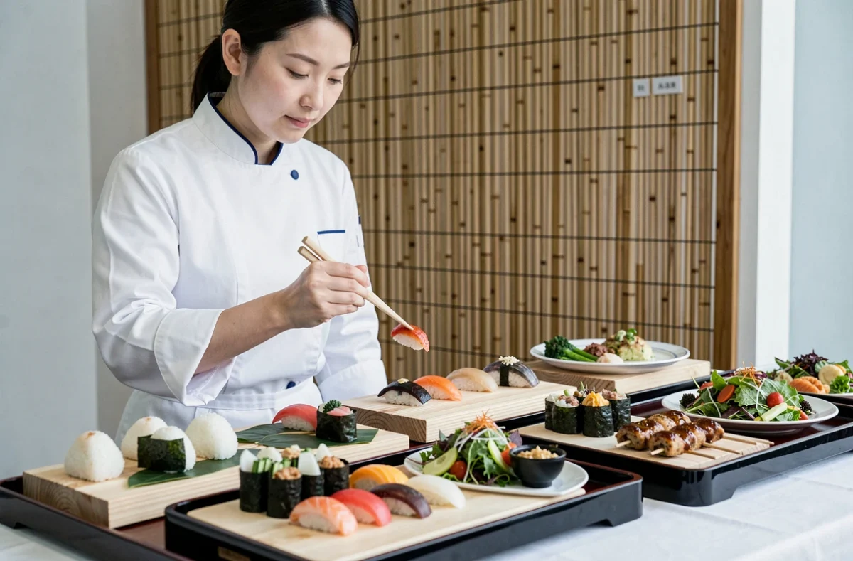 Chef japonaise de Shaki Shaki arrangeant un plateau de sushis et mets japonais sans additifs pour un événement parisien