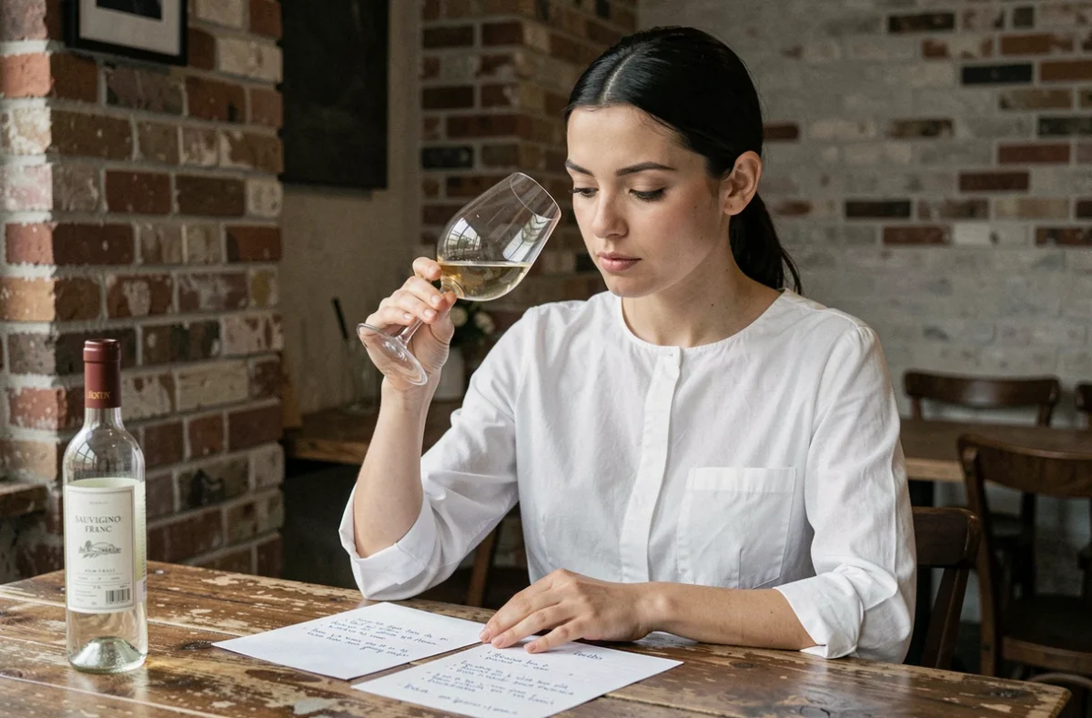 Sommelière dégustant un Sauvignon Franc artisanal dans un bistrot avec notes de dégustation sur la table