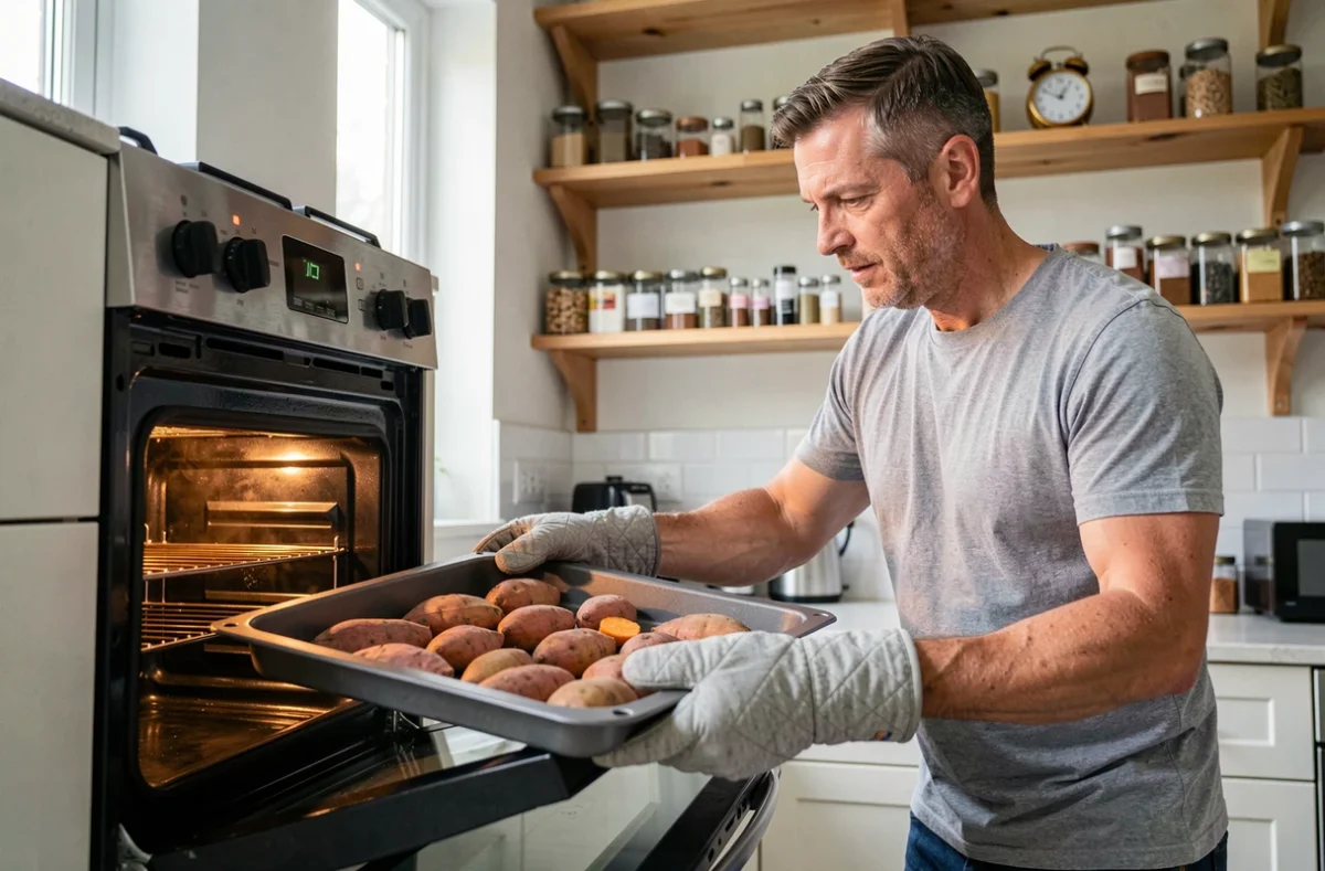 Homme sortant une plaque de patates douces du four avec des gants de cuisine dans une vraie cuisine domestique