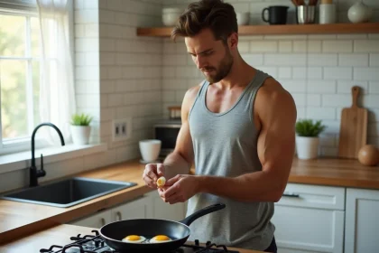 Sportif préparant des œufs au plat dans une cuisine moderne pour un repas riche en protéines
