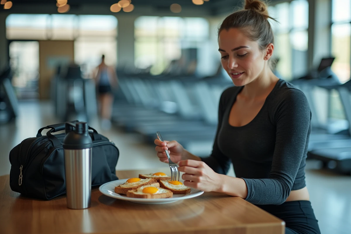 Sportive mangeant des œufs au plat après l'entraînement dans une cafétéria de salle de sport
