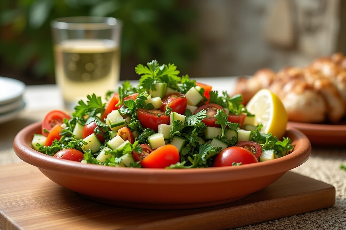 Salade taboulé fraîche servie dans un bol en terre cuite à côté de tranches de poulet sur une terrasse méditerranéenne en extérieur