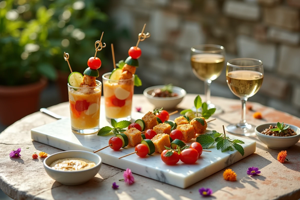 Table apéro estivale en terrasse avec brochettes végétariennes préparées à l'avance, halloumi, tomates et houmous dans une ambiance méditerranéenne