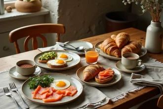 Table de brunch d'hiver généreuse avec croissants, œufs brouillés et chocolat chaud dans une cuisine rustique en pierre