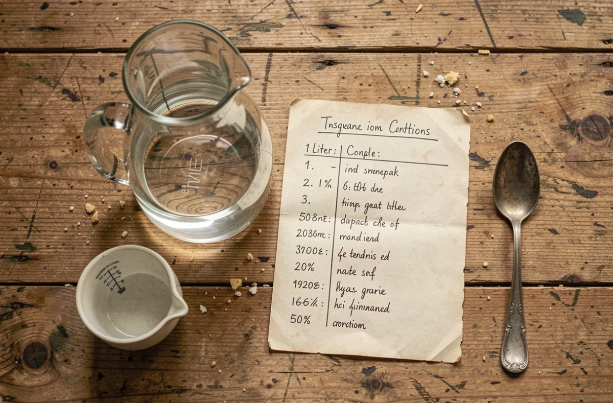 Vue de dessus d'une carafe d'un litre remplie à 40 cl avec une table de conversion manuscrite sur bois rustique