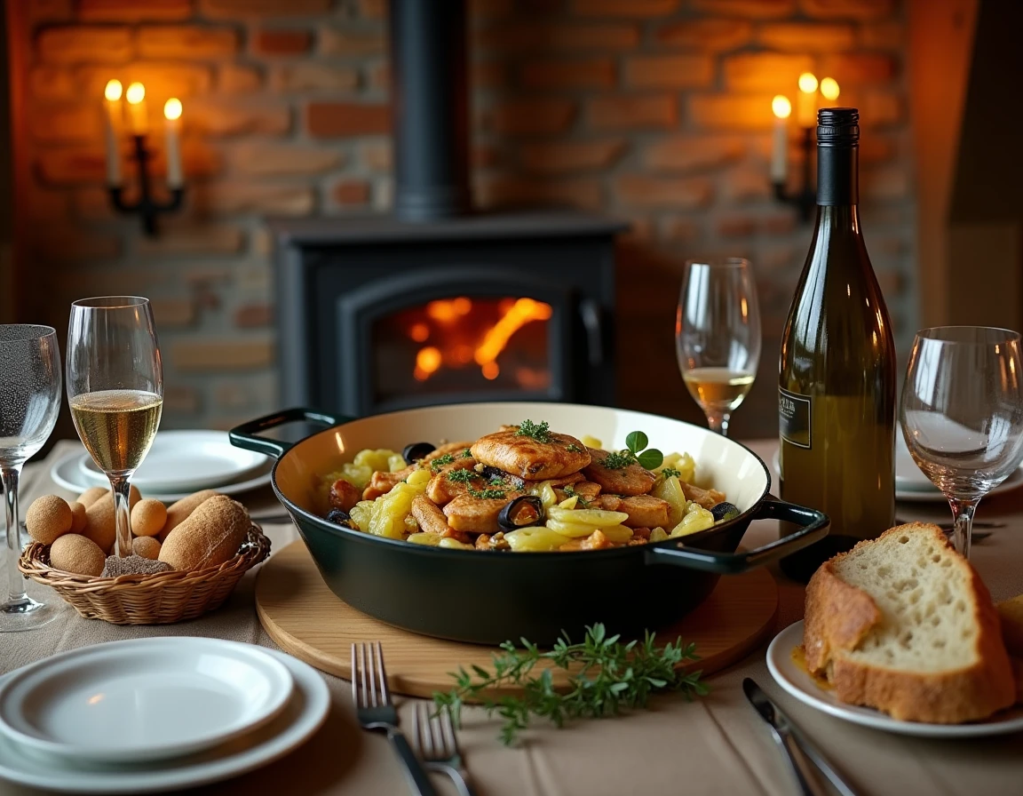 Table de dîner alsacien avec grande cocotte de choucroute aux poissons, Riesling et décor de poutres apparentes