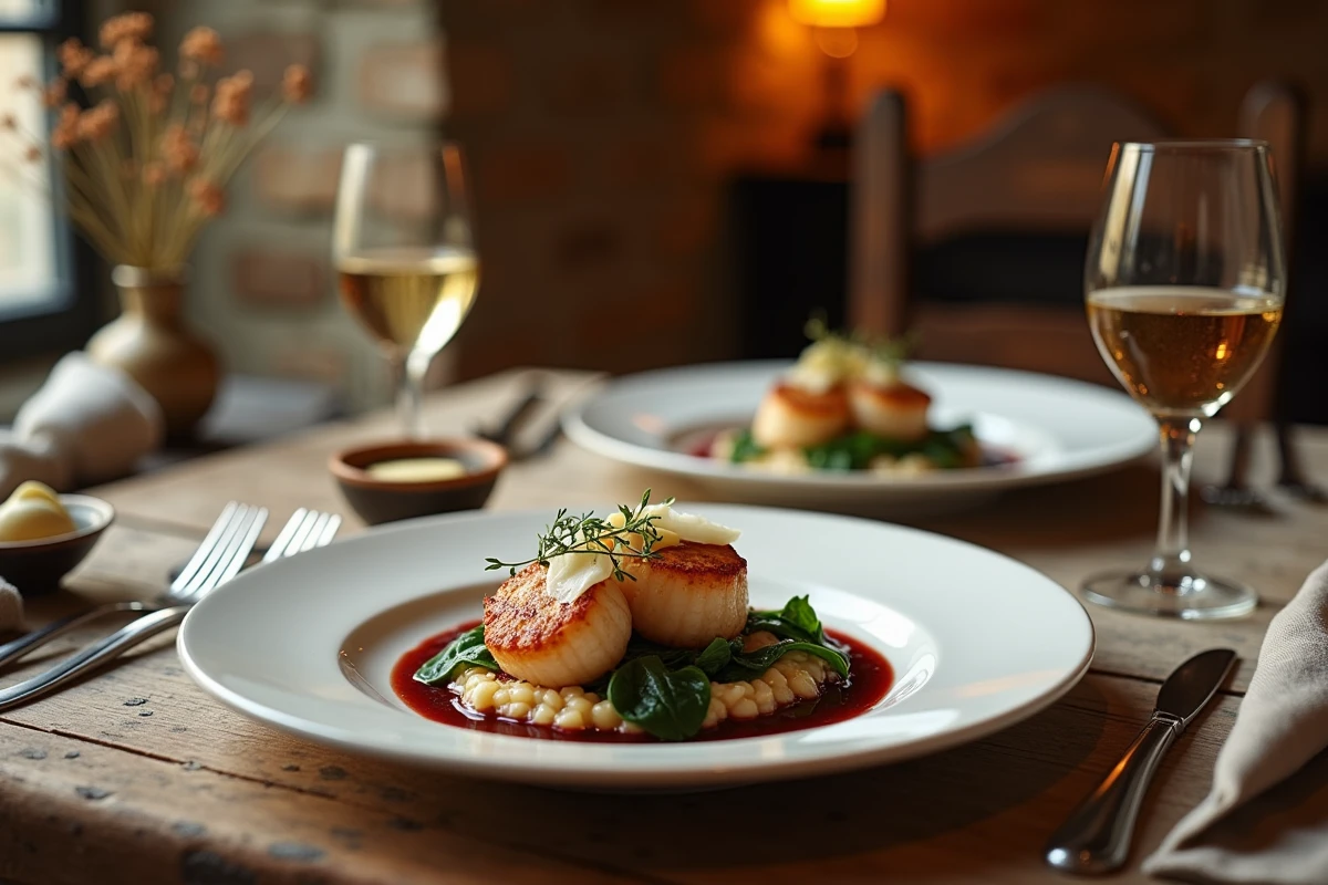 Table de dîner gastronomique dressée avec des coquilles Saint-Jacques sur risotto à la truffe noire et réduction de vin rouge