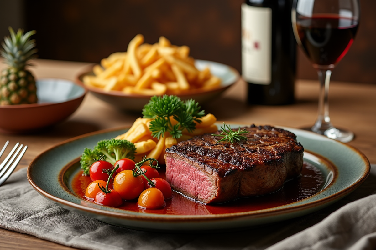 Table élégante pour deux avec côte de boeuf et légumes colorés