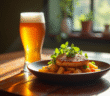 Table rustique avec plat gourmet et bière IPA lumineuse