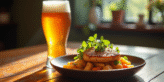 Table rustique avec plat gourmet et bière IPA lumineuse